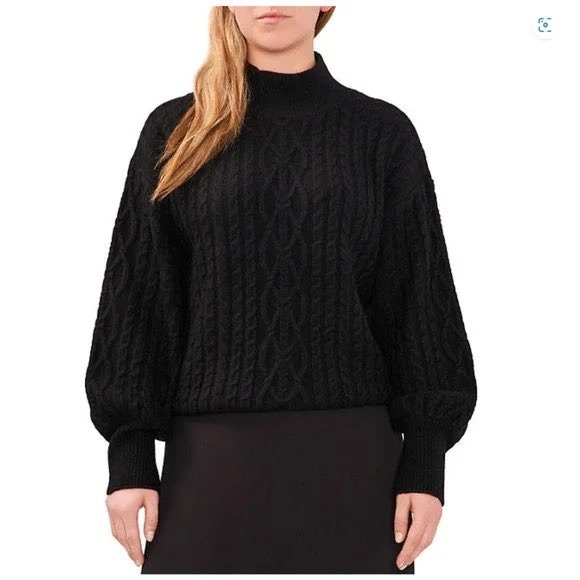 Vince Camuto Sweaters - Vince Camuto Black Cable Knit Mock Neck Sweater XL‎ Balloon Sleeve NWT
